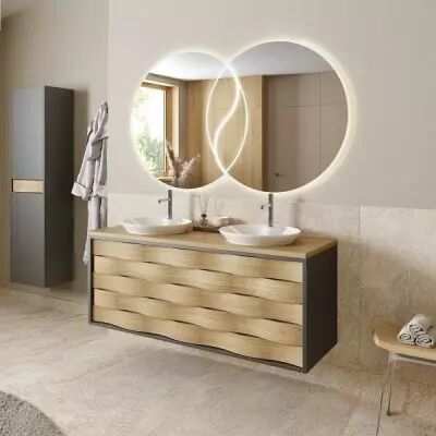 Meuble Cascade 141cm avec plan ch�ne & vasque � poser C�ramyl� (1 ou 2 vasques) / Fa�ades ch�ne & Laque au choix - DECOTEC