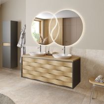 Meuble Cascade 141cm avec plan chêne & vasque à poser Céramyl® (1 ou 2 vasques) / Façades chêne & Laque au choix - DECOTEC