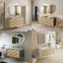 Meuble Cascade 141cm avec plan chêne & vasque à poser Céramyl® (1 ou 2 vasques) / Façades chêne & Laque au choix - DECOTEC