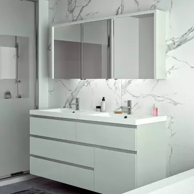 Meuble Decotec Rivoli 150cm 4 tiroirs 1 porte � droite / plan vasque double C�ramyl Blanc - Prise de main - DECOTEC R�f. 1726083