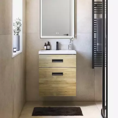 Meuble gain de place Optimum 60cm 1 tiroir + 1 ou 2 portes avec vasque C�ramyl� / D�cor bois ou Laque au choix - DECOTEC 
