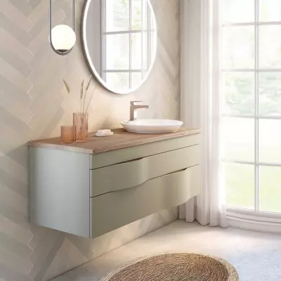 Meuble Illusion 121cm 2 tiroirs / Plan Ch�ne ou Solidsurface + 1 vasque semi-encastr�e / Laque & poign�es au choix - DECOTEC