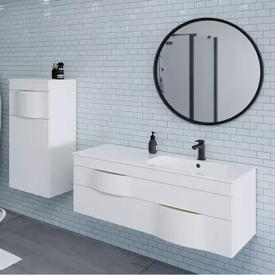 Meuble Illusion 121cm 2 tiroirs avec plan-vasque c�ramique � droite ou � gauche / Laque & poign�es au choix - DECOTEC