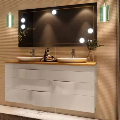 Meuble Illusion 141cm 3 tiroirs / Plan Ch�ne ou Solidsurface + 2 vasques semi-encastr�es / Laque & poign�es au choix - DECOTEC