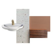 Meuble Jouvence 141cm 2 tiroirs - Plan coquilles Saint Jacques + vasque Solidsurface Ø60 / Façade Linoil ou Laqué - DECOTEC