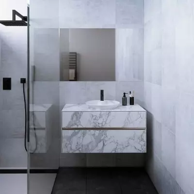 Meuble KARMA 101cm 2 tiroirs pour vasque � poser / C�ram d�cor & Laque ou Ch�ne ou Full c�ram (vasque en option) - DECOTEC