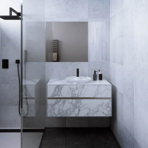 Meuble KARMA 101cm 2 tiroirs pour vasque à poser / Céram décor & Laque ou Chêne ou Full céram (vasque en option) - DECOTEC