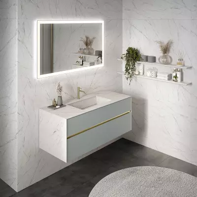 Meuble KARMA 121cm 2 tiroirs avec vasque int�gr�e / C�ram d�cor & Laque ou Ch�ne ou Full c�ram - DECOTEC R�f. 182720x