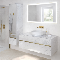 Meuble Karma 121cm 2 tiroirs pour vasque à poser centrée / Céram décor & Laque ou Chêne ou Full céram (vasque en option) - DECOTEC 1827021