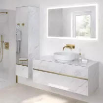 Meuble KARMA 121cm 2 tiroirs pour vasque à poser centrée / Céram décor & Laque ou Chêne ou Full céram (vasque en option) DECOTEC