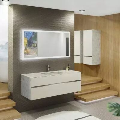Meuble KARMA 141cm 2 tiroirs avec vasque int�gr�e / C�ram d�cor & Laque ou Ch�ne ou Full c�ram - DECOTEC R�f. 182721x