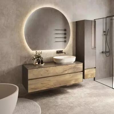 Meuble KARMA 141cm 2 tiroirs pour vasque � poser � droite / C�ram d�cor & Laque ou Ch�ne ou Full c�ram (vasque en option) DECOTEC 1827071