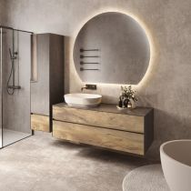 Meuble KARMA 141cm 2 tiroirs pour vasque à poser à gauche / Céram décor & Laque ou Chêne ou Full céram (vasque en option) DECOTEC 1827061