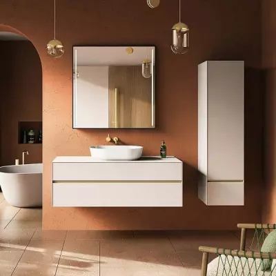 Meuble KARMA 141cm 2 tiroirs pour vasque � poser centr�e / C�ram d�cor & Laque ou Ch�ne ou Full c�ram (vasque en option) DECOTEC