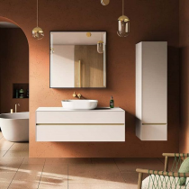 Meuble KARMA 141cm 2 tiroirs pour vasque à poser centrée / Céram décor & Laque ou Chêne ou Full céram (vasque en option) DECOTEC