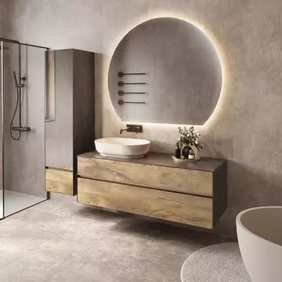 Meuble KARMA 141cm 2 tiroirs pour vasque � poser gauche / C�ram d�cor & Laque ou Ch�ne ou Full c�ram (vasque en option) DECOTEC