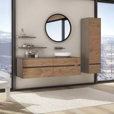Meuble KARMA 141cm 4 tiroirs pour vasque � poser droite / C�ram d�cor & Laque ou Ch�ne ou Full c�ram (vasque en option) DECOTEC