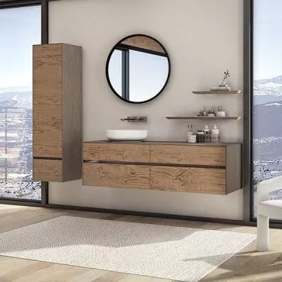 Meuble KARMA 141cm 4 tiroirs pour vasque � poser gauche / C�ram d�cor & Laque ou Ch�ne ou Full c�ram (vasque en option) DECOTEC