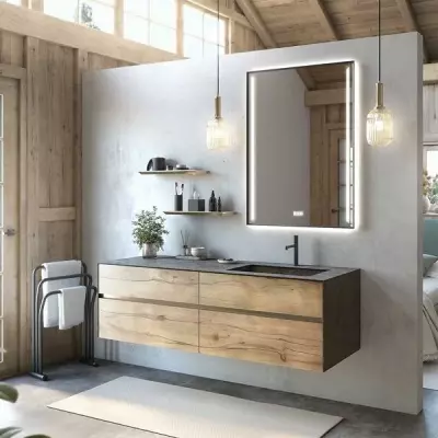 Meuble KARMA 161cm 4 tiroirs avec vasque int�gr�e � droite / C�ram d�cor & Laque ou Ch�ne ou Full c�ram - DECOTEC R�f. 182723x
