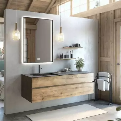 Meuble KARMA 161cm 4 tiroirs avec vasque int�gr�e � gauche / C�ram d�cor & Laque ou Ch�ne ou Full c�ram - DECOTEC R�f. 182722x