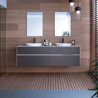 Meuble KARMA 161cm 4 tiroirs pour double vasque � poser / C�ram d�cor & Laque ou Ch�ne ou Full c�ram (vasques en option) DECOTEC