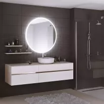 Meuble KARMA 201cm 4 tiroirs vasque à poser droite / Céram décor & Laque ou Chêne ou Full céram (vasque en option) DECOTEC