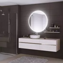 Meuble KARMA 201cm 4 tiroirs vasque à poser gauche / Céram décor & Laque ou Chêne ou Full céram (vasque en option) DECOTEC