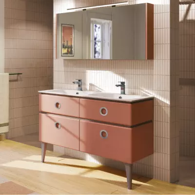 Meuble laqu� JOLIE M�ME 121 cm 4 tiroirs avec vasque double c�ramique - poign�es Chrome - DECOTEC R�f. 1814021