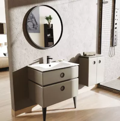 Meuble laqu� JOLIE M�ME 81 cm 2 tiroirs avec vasque c�ramique - poign�es Noir mat - DECOTEC R�f. 1814002