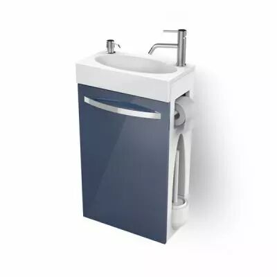 Meuble lave-mains COMBO 44cm 1 porte laqu� avec vasque Solidsurface & distributeur de savon, d�rouleur & porte-balai - DECOTEC