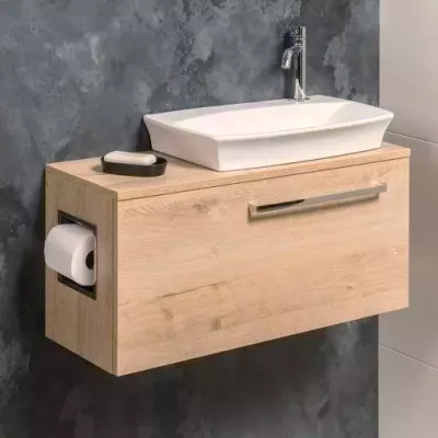 Meuble lave-mains Esquisse Cabine 70cm 1 porte m�lamin� bois ch�ne brut naturel (avec ou sans d�rouleur de papier) - DECOTEC