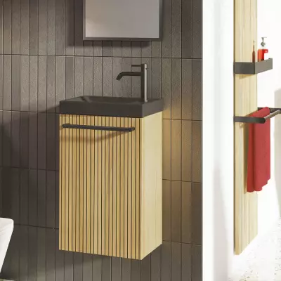 Meuble lave-mains WOODY 40cm 1 porte placage bois avec vasque c�ramique noir - DECOTEC