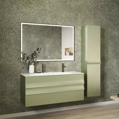 Meuble Pagode 121cm 2 tiroirs avec plan-vasque Solidsurface ou c�ramique (per�age 2 robinets) / Laque mat au choix - DECOTEC 