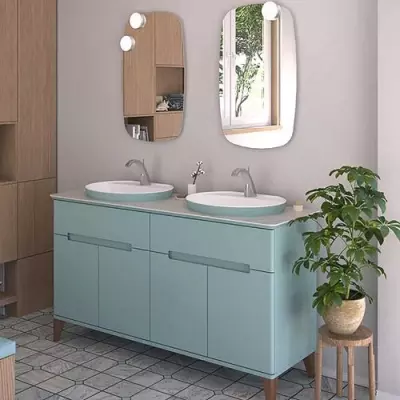 Meuble R�sonance 154cm 2 tiroirs /4 portes avec plan double vasque Solidsurface ou D�cor C�ram marbre / Laque au choix - DECOTEC