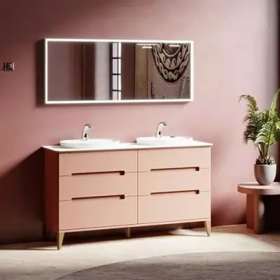 Meuble R�sonance 154cm 6 tiroirs avec plan double vasque Solidsurface ou D�cor C�ram marbre / Laque au choix - DECOTEC 1821001