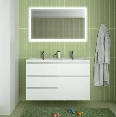 Meuble RIVOLI 120cm 4 tiroirs + 1 porte / Plan double vasque C�ramyl� / Laque & poign�es au choix - DECOTEC