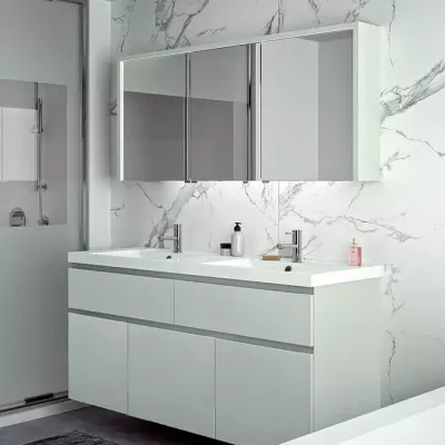 Meuble RIVOLI 150cm 2 tiroirs + 3 portes / Plan double vasque C�ramyl� / Laque & poign�es au choix - DECOTEC