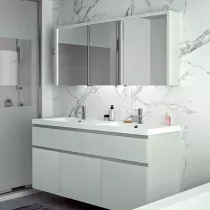 Meuble RIVOLI 150cm 2 tiroirs + 3 portes / Plan double vasque Céramyl® / Laque & poignées au choix - DECOTEC