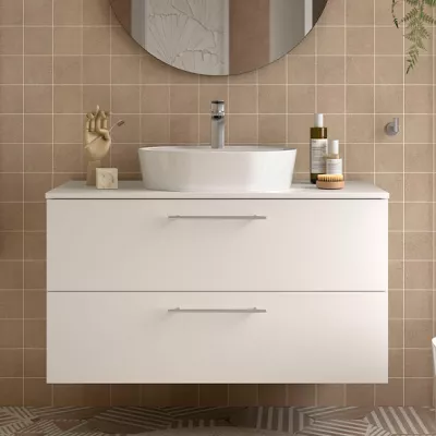 Meuble SILANE 100cm Blanc satin� 2 tiroirs (vasque et poign�es en option)  - SALGAR R�f. 118078