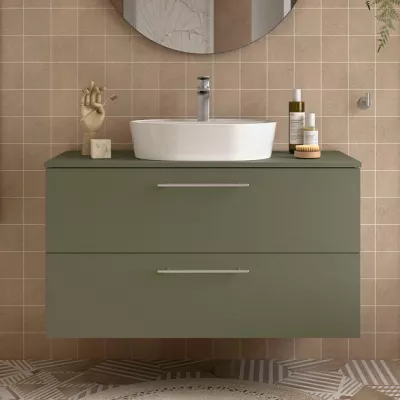 Meuble SILANE 100cm Vert satin� 2 tiroirs (vasque et poign�es en option) - SALGAR R�f. 118079