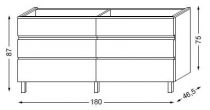 Meuble sous table en laqué sans LED pour double vasque - poignée intégrée 180 cm - 3 x 2 tiroirs - SANIJURA Réf. 115480+115481
