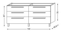 Meuble sous table en laqué sans LED pour double vasque - poignée métal au choix 180 cm - 3 x 2 tiroirs - SANIJURA Réf. 115380+11