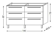 Meuble sous table en mélaminé sans LED pour double vasque 140 cm - 3x2 tiroirs - SANIJURA Réf. 115214