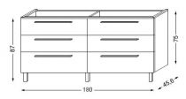 Meuble sous table en mélaminé sans LED pour vasque à gauche 180 cm - 3x2 tiroirs - SANIJURA Réf. 115280+115282
