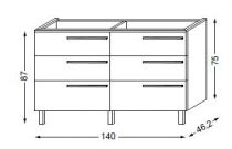 Meuble sous table HALO chêne massif sans LED pour double vasque poignée bois 140 cm - 3 x 2 tiroirs - SANIJURA Réf. 115514