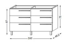 Meuble sous table HALO chêne massif sans LED pour double vasque poignée bois 160 cm - 3 x 2 tiroirs - SANIJURA Réf. 115517