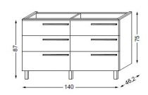 Meuble sous table HALO chêne massif sans LED pour monovasque poignée bois 140 cm - 3 x 2 tiroirs - SANIJURA Réf. 115513