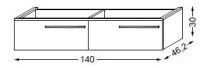 Meuble sous table HALO chêne massif sans LED pour vasque à gauche poignée bois 140 cm - 2 x 1 tiroir - SANIJURA Réf. 115623