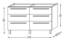 Meuble sous table laqué sans LED pour vasque à droite poignée métal 140 cm - 3 x 2 tiroirs - SANIJURA Réf. 115088