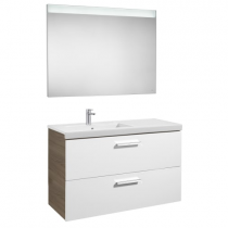Meuble Unik Prisma 110cm 2 tiroirs Blanc brillant / Frêne + lavabo à gauche + miroir led - ROCA Réf. A855939322